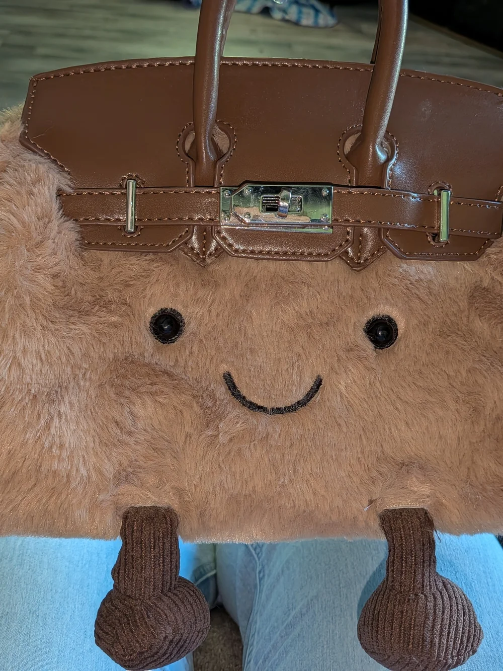 Source Unknown Brown Faux Fur Tote with Smiley Face and Leather-Look Trim